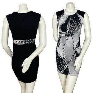 Cache‎ Sheath Dress Chain Butterfly Print Fitted Stretch Size Medium Black White